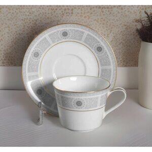 Noritake Nile 6719 Cup & Saucer Set Geometric Gold Rim Mediterranean Vintage MCM